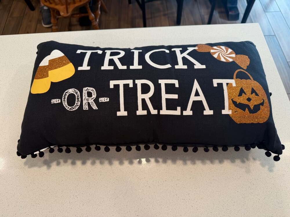 Halloween Trick or Treat Throw Pillow 24x12 Black Orange Candy Corn Pom Pom